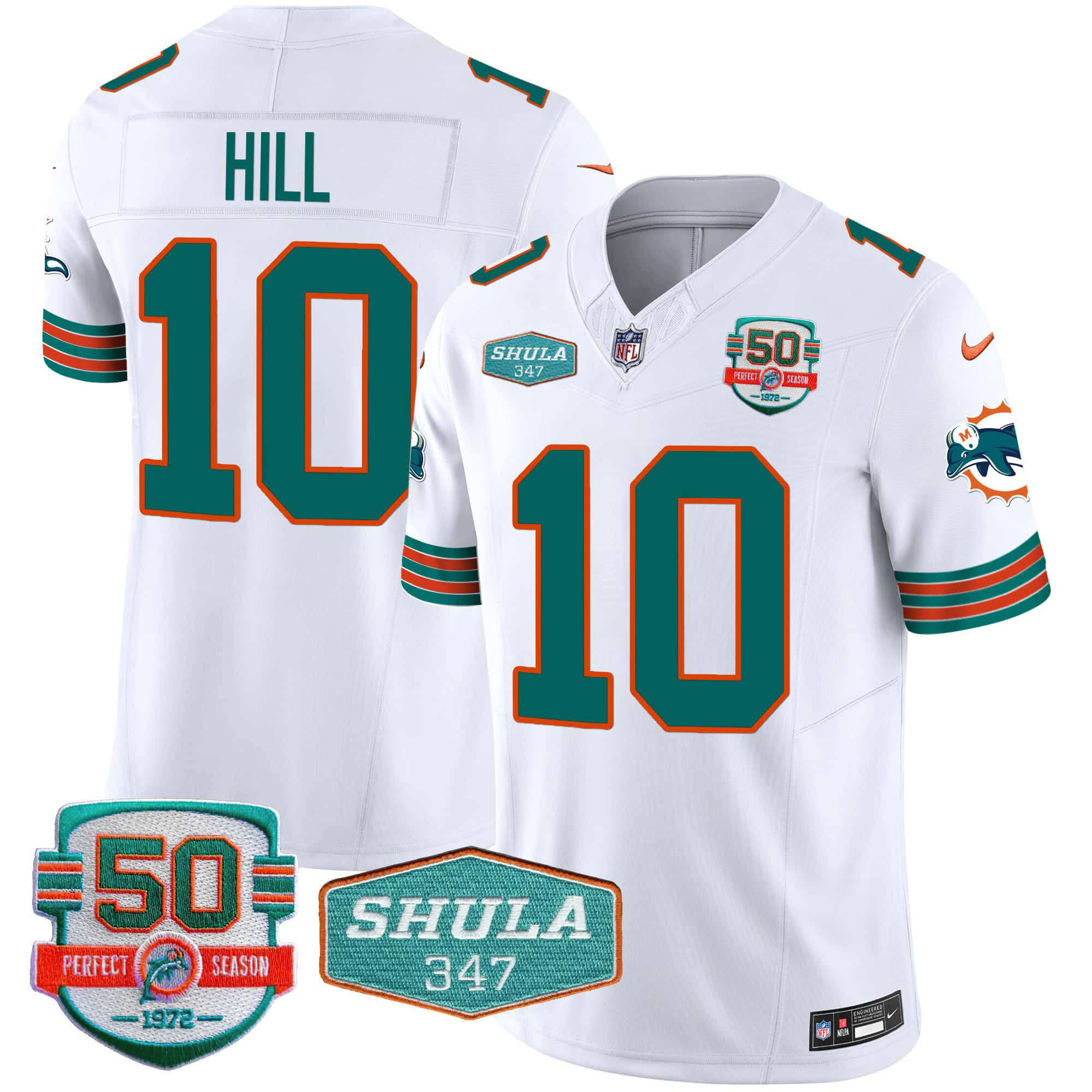 Men Miami Dolphins 10 Hill White 2024 Nike Throwback Shula 347 Patch Vapor NFL Jersey